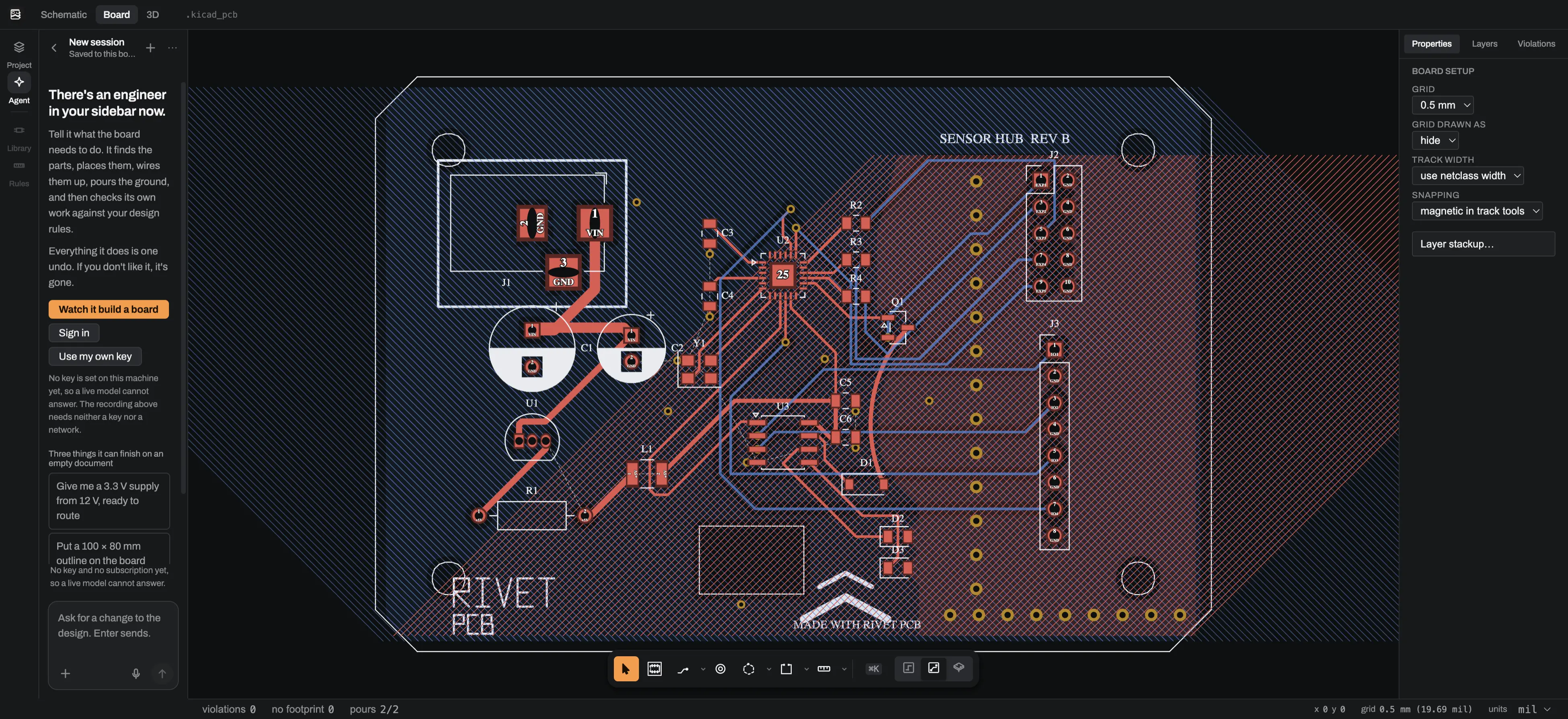 The Rivet PCB board editor with a routed board, layer inspector and agent rail